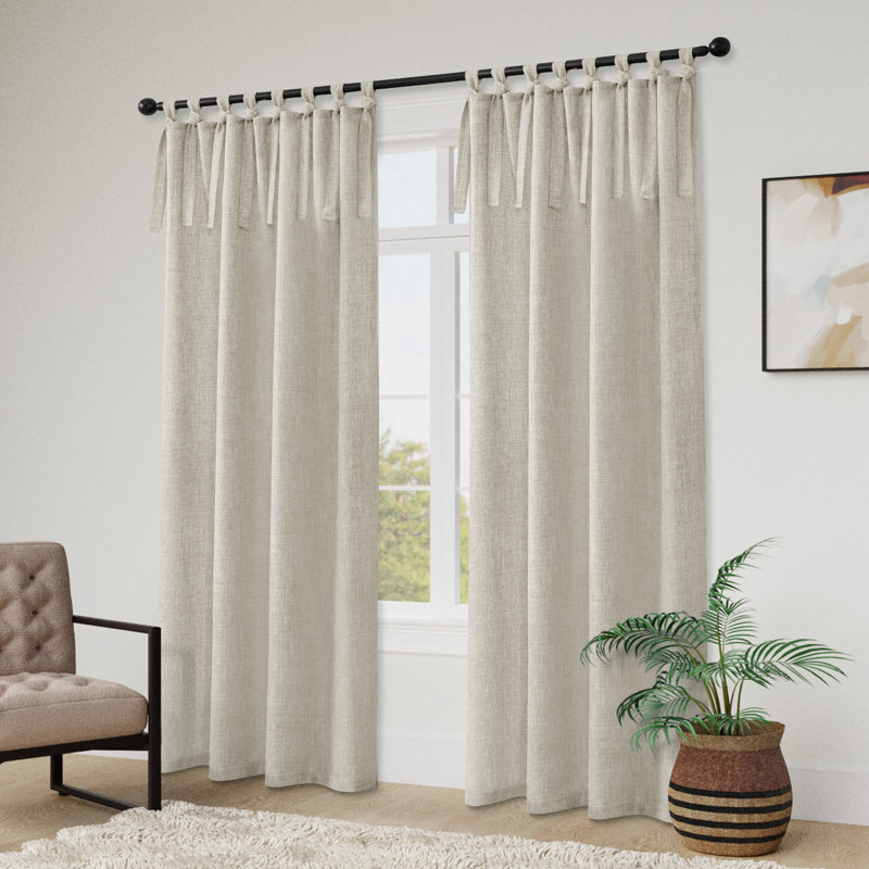 Linen Texture Tie Top Light Filtering Curtain Pair(2 Panels), 52" W x 96" L, Natural