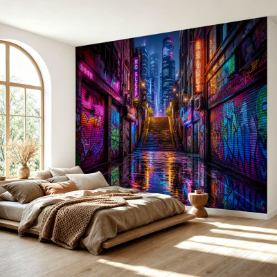 Wall Mural Peel and Stick Wallpaper Neon Graffiti Alley Reflections Skyscrapers Self-Adhesive Removable Contact Paper Wall Decor for Living Room Bedroom 69"H x 96"W