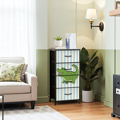 4 Drawer Dresser for Bedroom, Narrow Chest of Drawers, Wooden Top and Study Iron Frame 18"x37.5"-(WxH) - With Green Cartoon Crocodile Blue White Striped Print