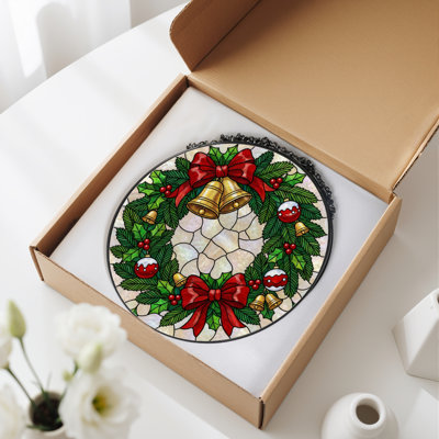 12"H Christmas Wreath Stained Glass Window Panel