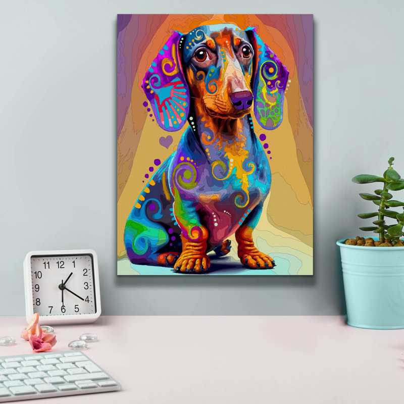 «The évident Doxie» par Dean Russo, art mural sur toile, H 16 po x l 12 po x P 0,75 po