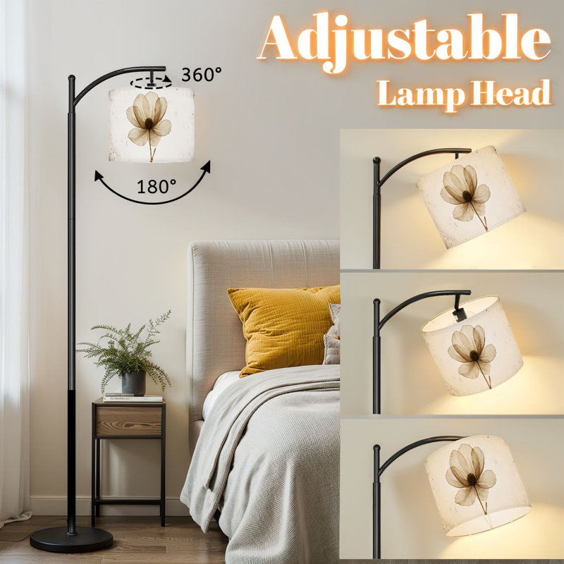 Arc Floor Lamp with Adjustable Lampshade Rustic Floral Vintage Magnolia Flower Brown Farmhouse Single Flower Standing Lamp 3 Color Temperatures Dimmable Tall Pole Lamp with Foot Switch for Bedroom