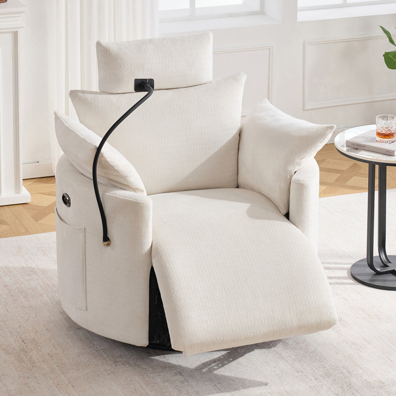 Power Rocker Recliner Chair With Phone Holder USB Charging Port And Side Pockets, 210° Swivel Nursery Reclining Chair With Adjustable Backrest And Footrest