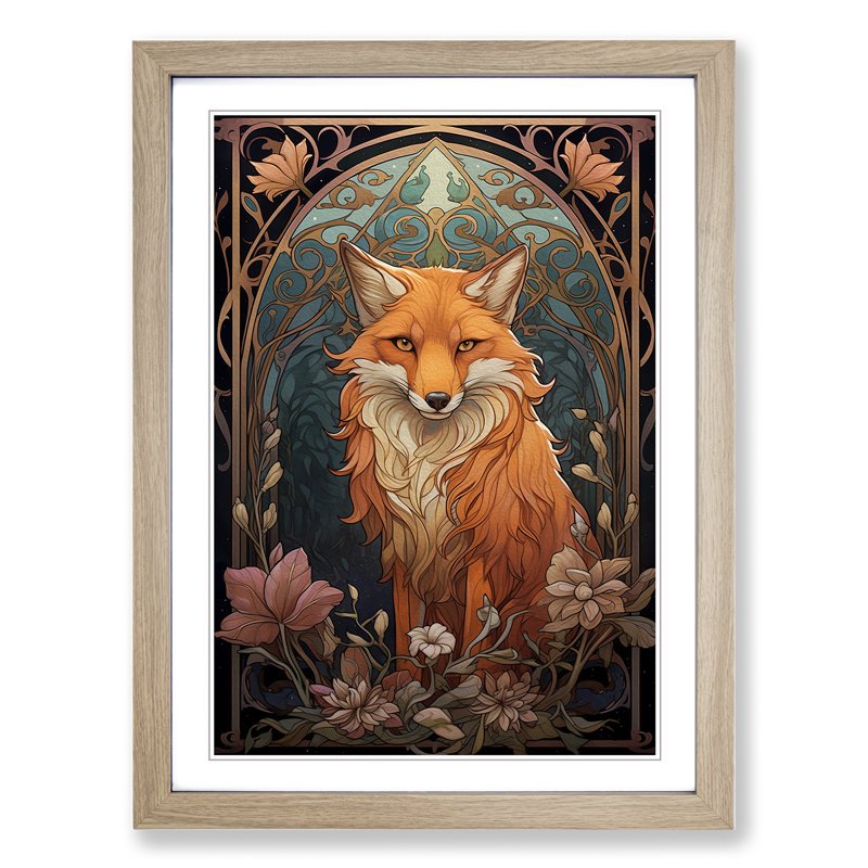 Fox Art Nouveau Art - Framed Print, 64cm H x 46cm W, Oak Framed
