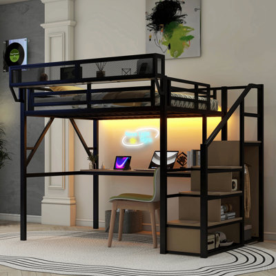 Lit mezzanine avec bureau et station de charge, lit mezzanine en métal avec escalier et lumière pour enfants adolescents, produits brevetés