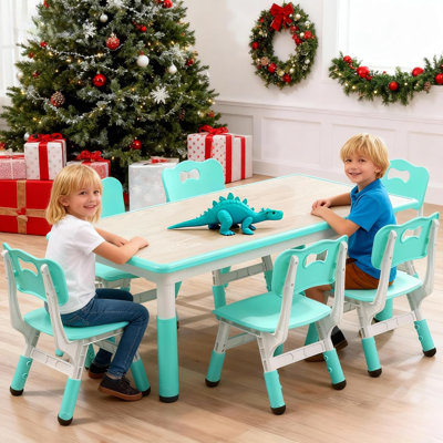 47" Kids Table & 6 Chair Set, Height Adjustable with Storage & Graffiti Desktop for Art Craft, Teal