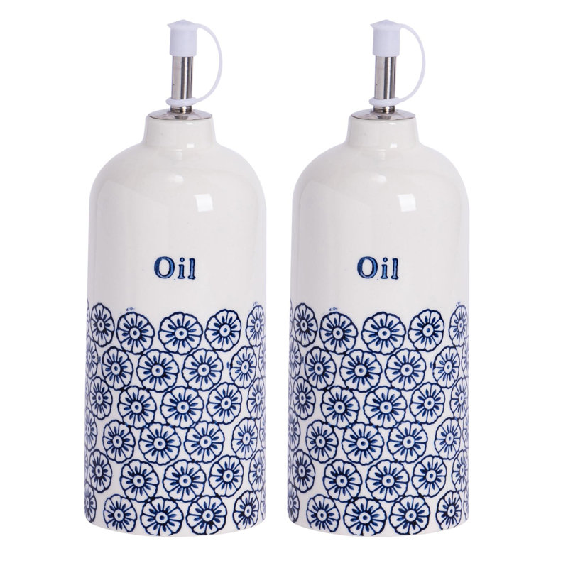 Nicola Spring Hand-Printed Olive Oil Pourer Bottles - 500ml - Navy - Pack of 2