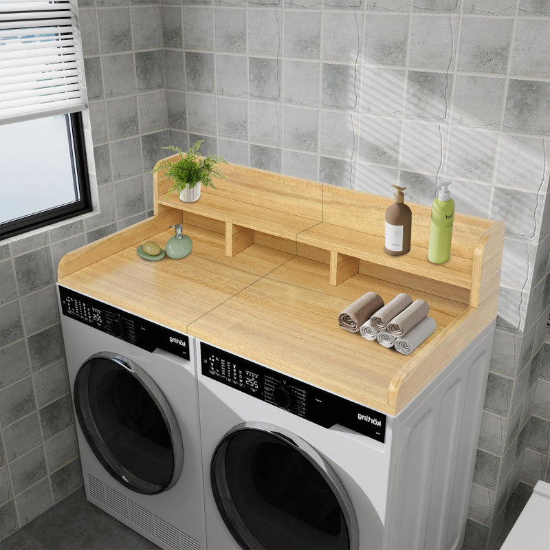 Comptoir de laveuse-sécheuse avec tablette, comptoir en bois à 2 niveaux avec rebord, Naturel
