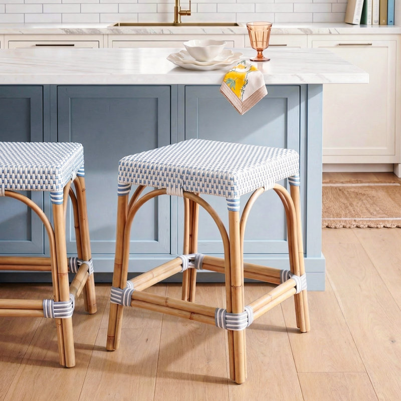 Lennart Counter/Bar Stool, White/Sky Blue Dot / Natural Rattan Frame, Counter Stool (24.5" Seat Height)