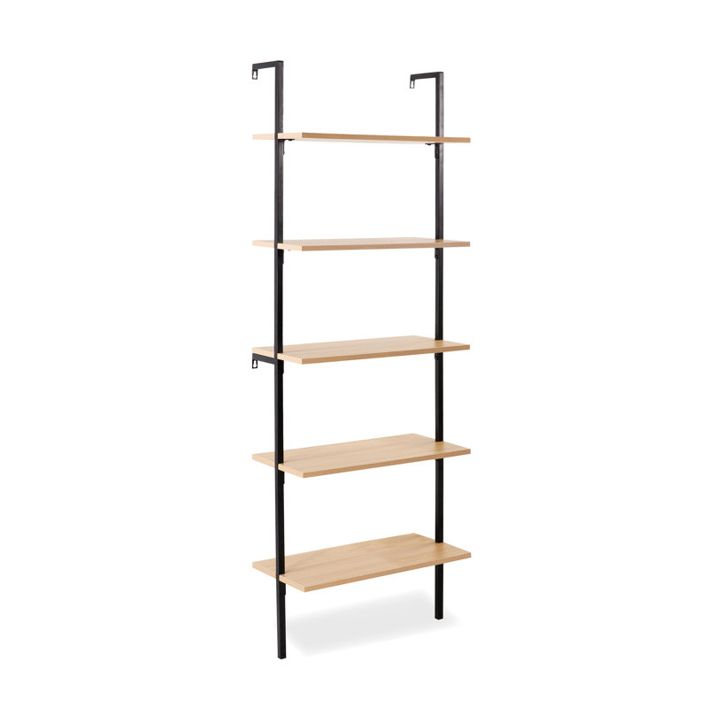Honoria Classic Industrial 5-Shelf Wood Wall-Mounted Open Ladder Bookcase with Metal Frame, Light Oak/Black