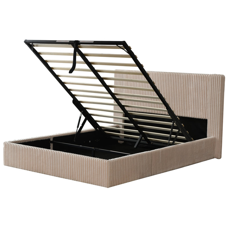 Lit plateforme tapissier hydraulique avec rangement relevable, Beige, Grand