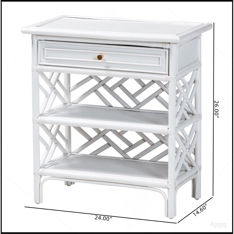 Table de chevet en rotin naturel avec tiroir et tablettes - Table de chevet de style Chippendale
