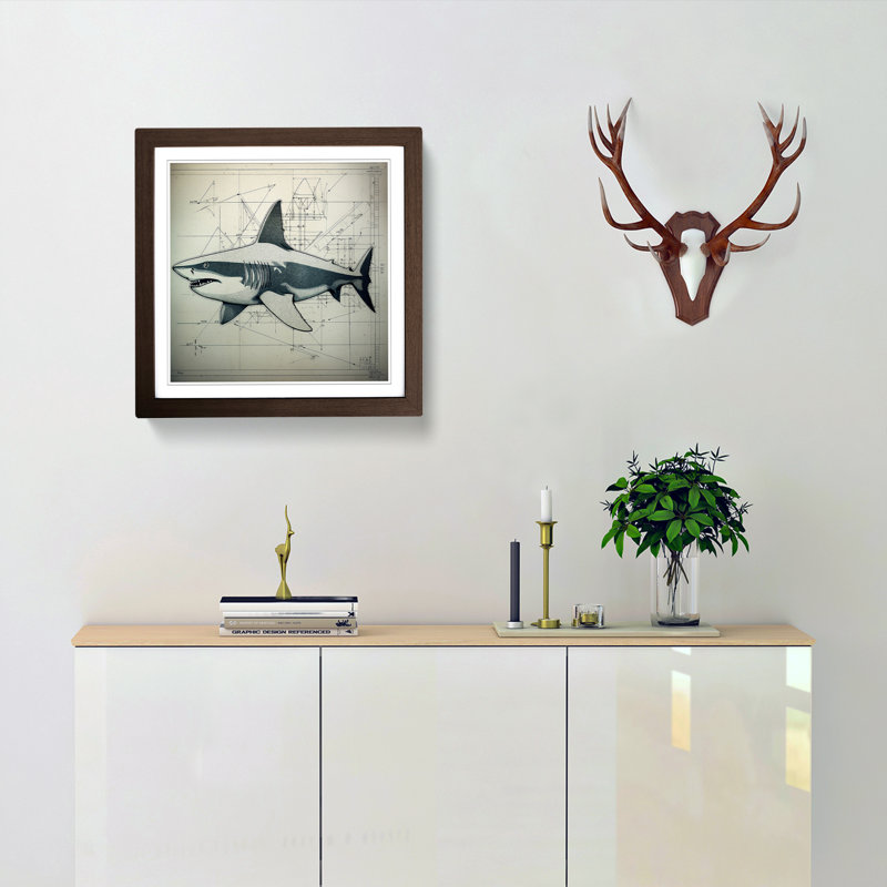 Shark Constructivism - Single Picture Frame Print on Wood, Walnut