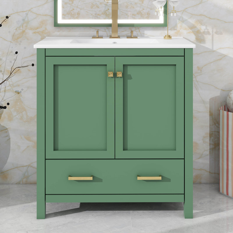 Ensemble de meuble-lavabo élégant avec lavabos en céramique et tiroirs cloisonnés, Vert, 30", Ensemble central de 4 po