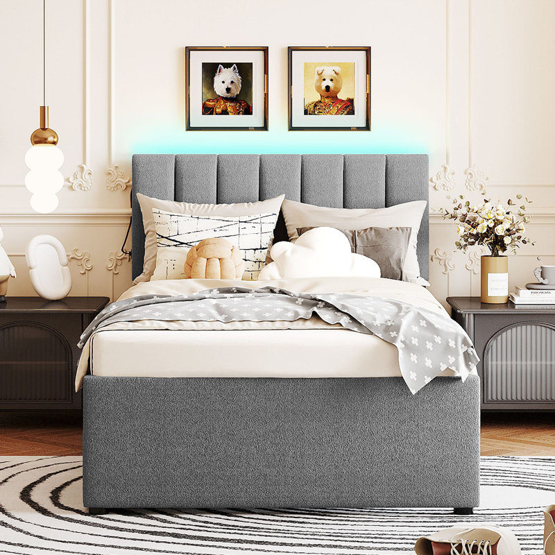 Lit plateforme tapissier Teddy, Gris, Lit simple