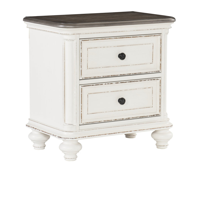 Table de chevet antique blanche et brune avec glissières à roulement, table de chevet de style rétro, brun, unité de rangement à 2 tiroirs