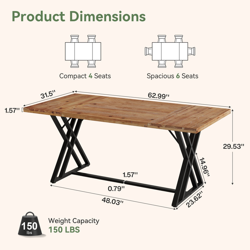 Table de salle à manger en bois massif 63 pouces avec pieds en X en métal
