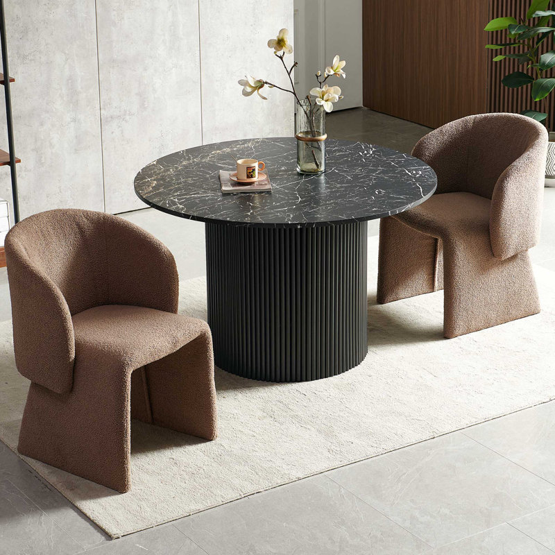 3-Piece Dining Table Set, Wood Top, Faux Fur Armchairs, Black Marble, Brown, Black
