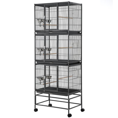 74 Inch Triple‑Stacked Metal Bird Cage on Rolling Stand, Carbon Steel 3‑Compartment Large Aviary Cage with Perches & Feeder Bowls, for Parakeets, Cockatiels, Black & White Options