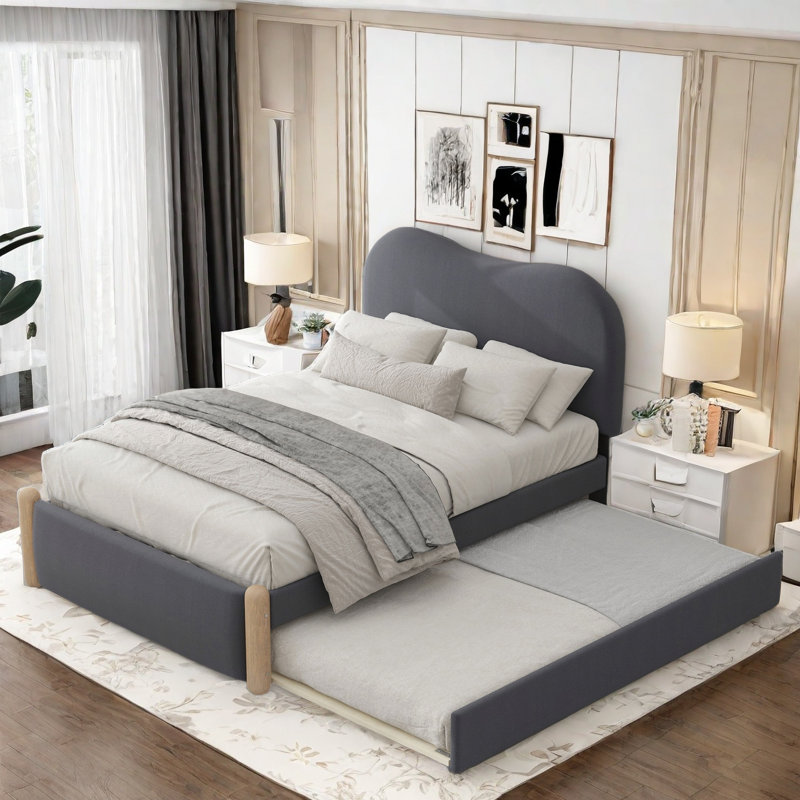 Lit plateforme tapissier avec pieds de support en bois et lit gigogne simple Madilyne, Simple, Gris