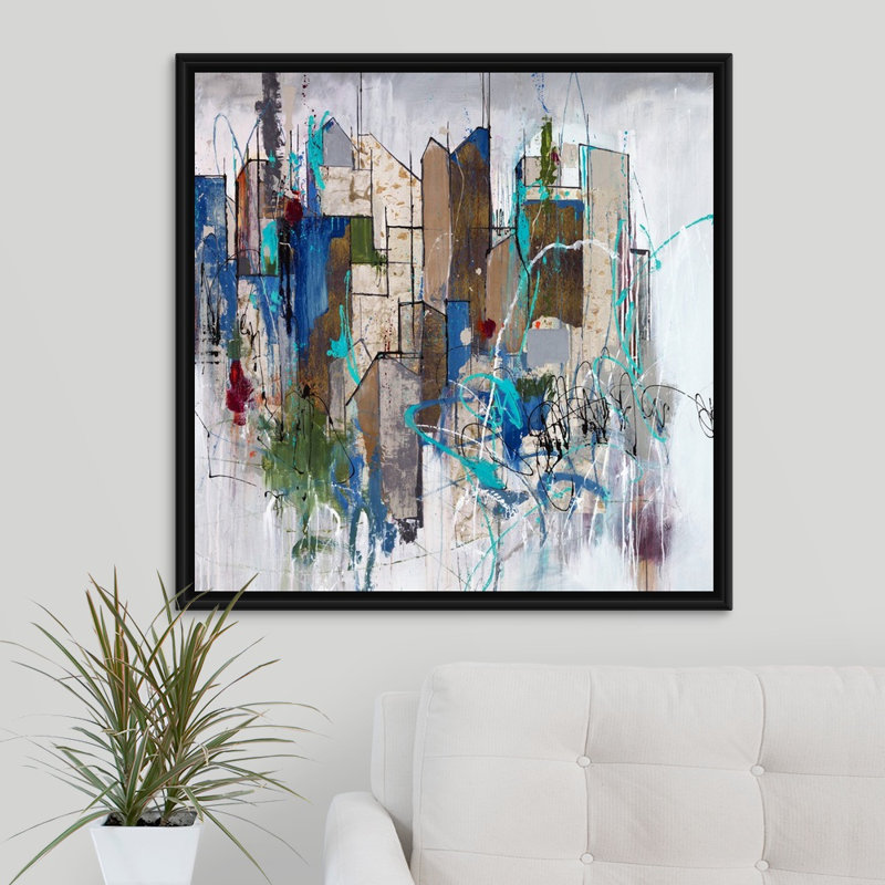 « stomping ground oreillers », peinture sur toile, Cadre flottant noir, H 31,7 po x l 31,7 po x P 1,75 po