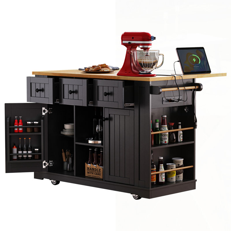 Large Kitchen Island With Drop Leaf, Power Outlet, And Ample Storage On Wheels For Enhanced Mobility And Organization, Black