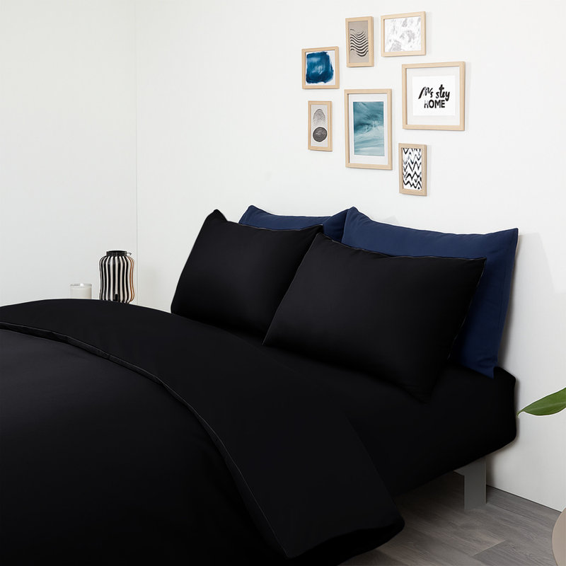 Microfiber No Pattern Duvet Cover Set with Pillowcases, Black, Double Duvet Cover + 2 Standard Pillowcases