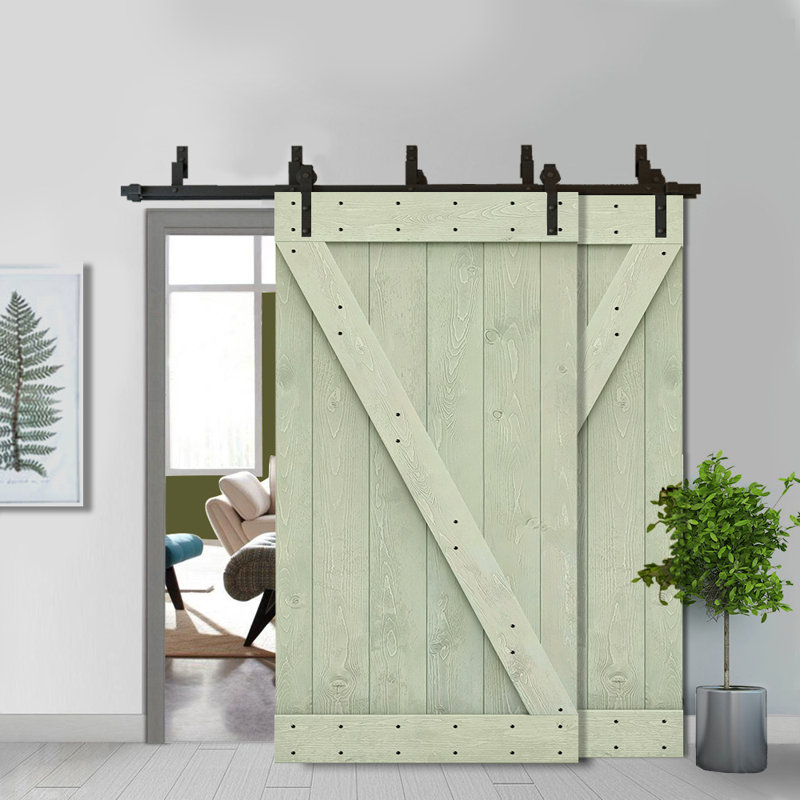 Porte de grange lambrissée peinte en bois et en métal avec trousse de quincaillerie d'installation, 30 po x 84 po, Sauge vert