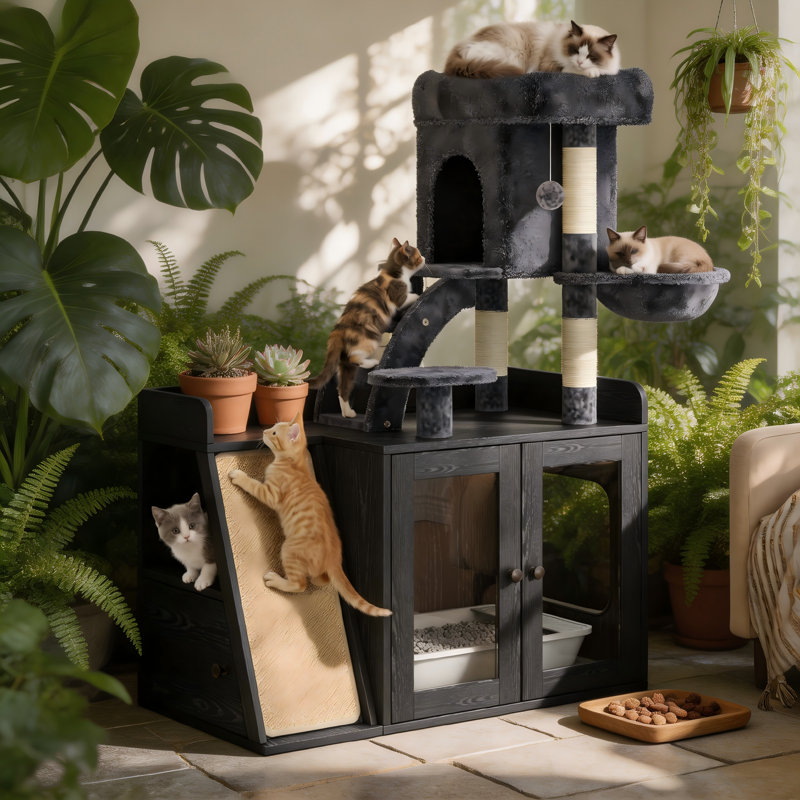 Enceinte de litière cachée pour grands chats, arbre à chat 2 en 1 et armoire à litière avec perchoir moelleux et bande RVB