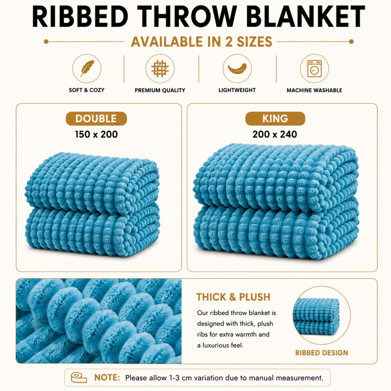 Ribbed Throw Blanket – Soft, Lightweight & Cozy Home Décor Throw, 240cm x 200cm, Turquoise