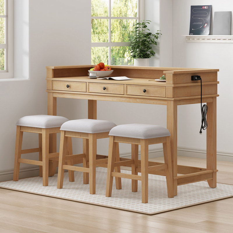 Ensemble de table de salle à manger 4 pièces avec 3 tabourets, Duplicate de bois naturel délavé