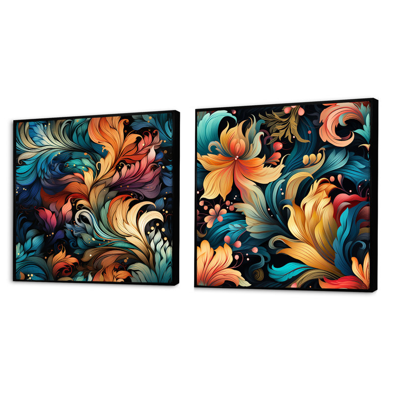 Wickham - Ensemble de 2 collages floraux et botaniques carrés, Cadre flottant noir, H 16 po x l 33 po