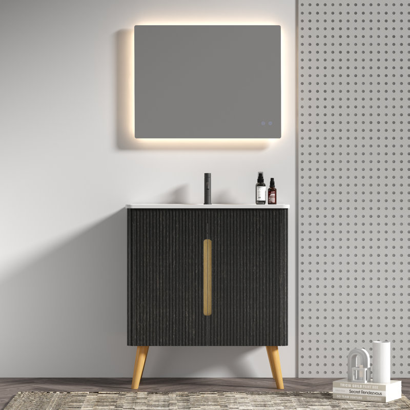 Meuble-lavabo autoportant de 30 po avec finition en chêne noir cannelé, pieds en bois massif et lavabo blanc - Design moderne Mid-Century