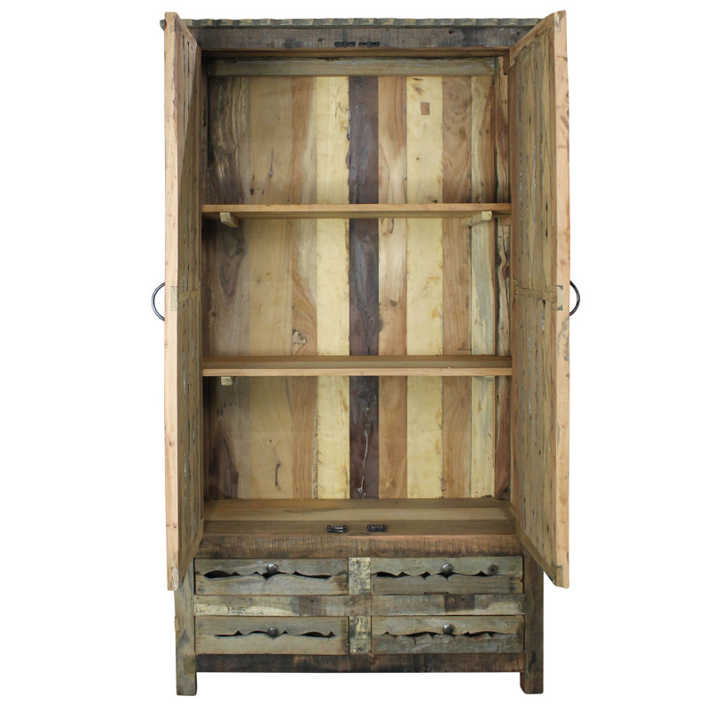 Rustic Salvaged Wood Armoire with Shelves and Drawers