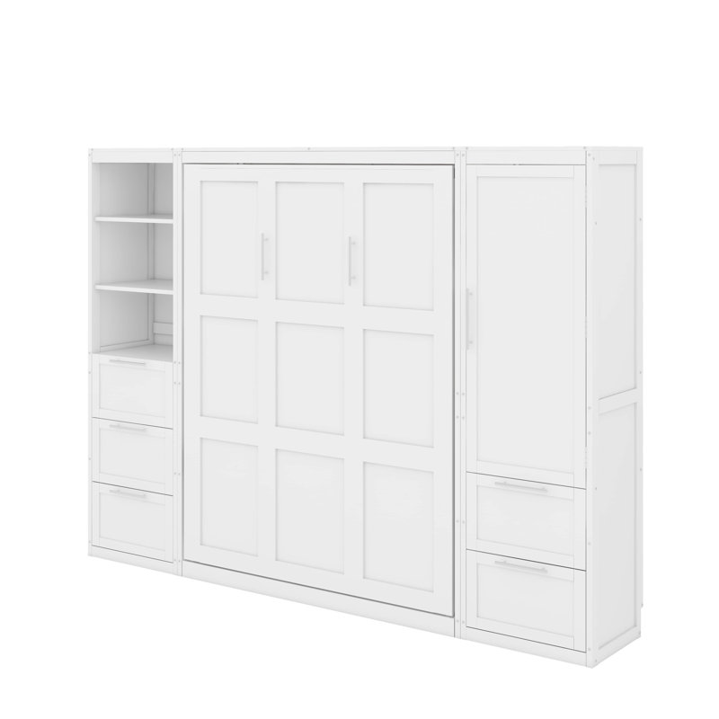 Grand lit escamotable avec tiroirs et tablettes, Blanc