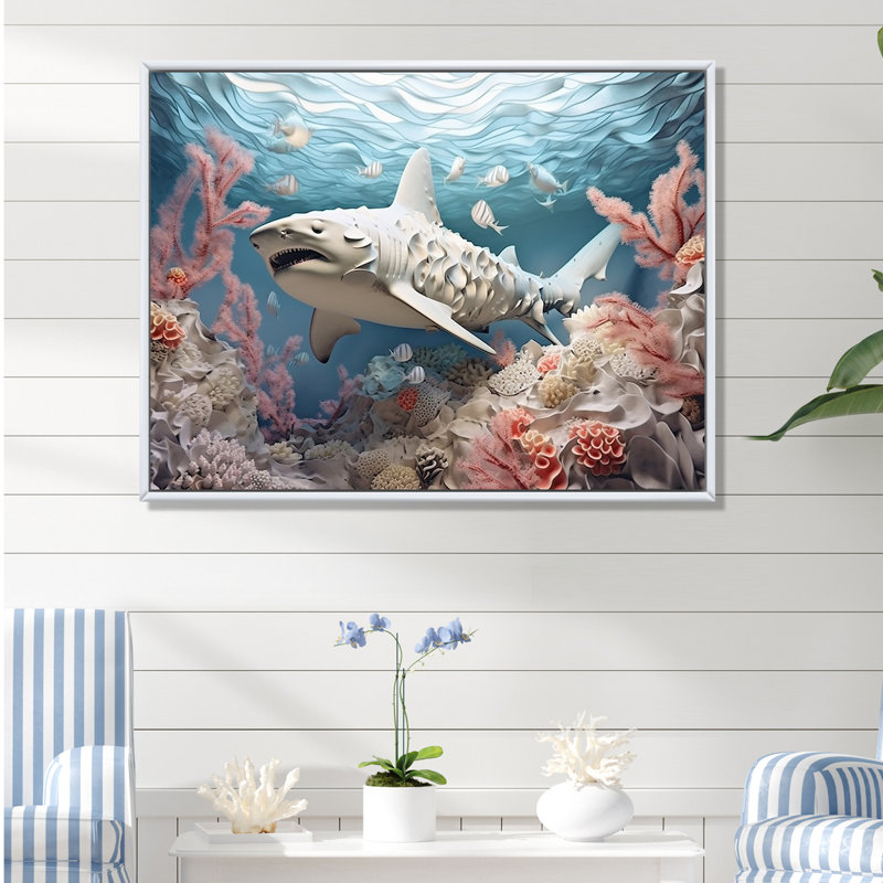 " Coral And Sharks Collage Symetry ", White Floater Framed, 30" H x 40" W x 1.5" D