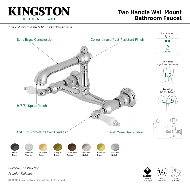 Kingston Brass English Country Two-Handle 2-Hole Wall Mount Bathroom Faucet, Polished Brass