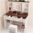 Farmhouse Vanity Desk With Sliding Mirror,Lights And Charging Station,Makeup Table Desk With Dimmable Led Light,Vanity Makeup Table With Sponge Soft Stool,White+Brown Finish
