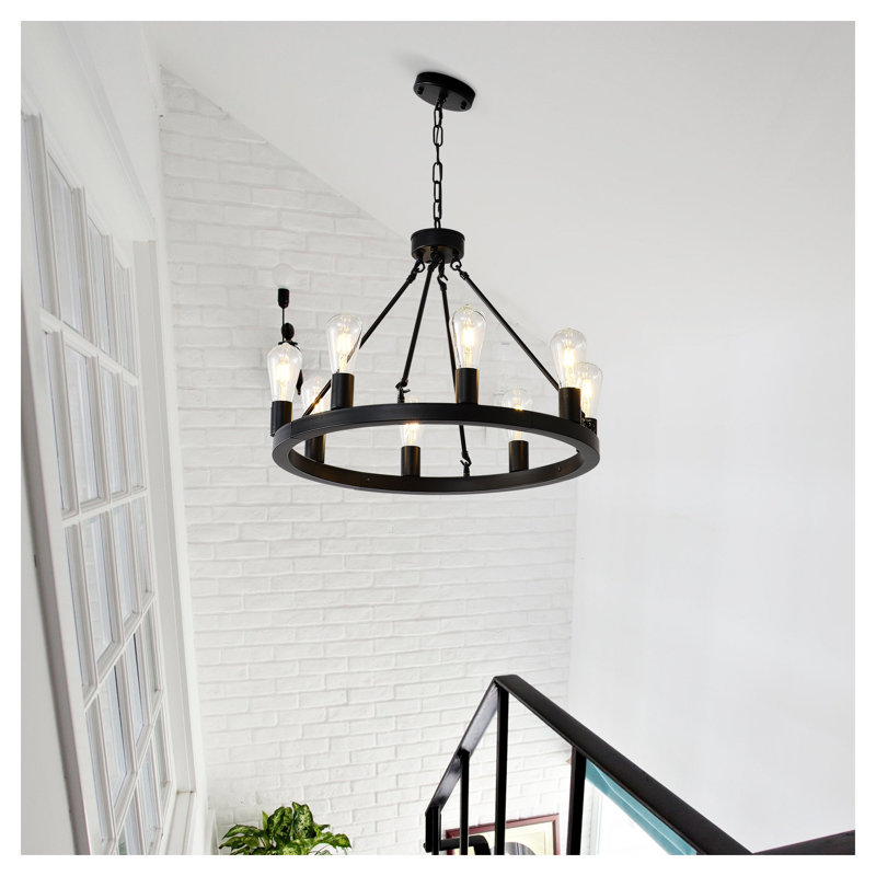 Lustre de roue de chariot noir mat 8 lumières, luminaire de ferme rustique