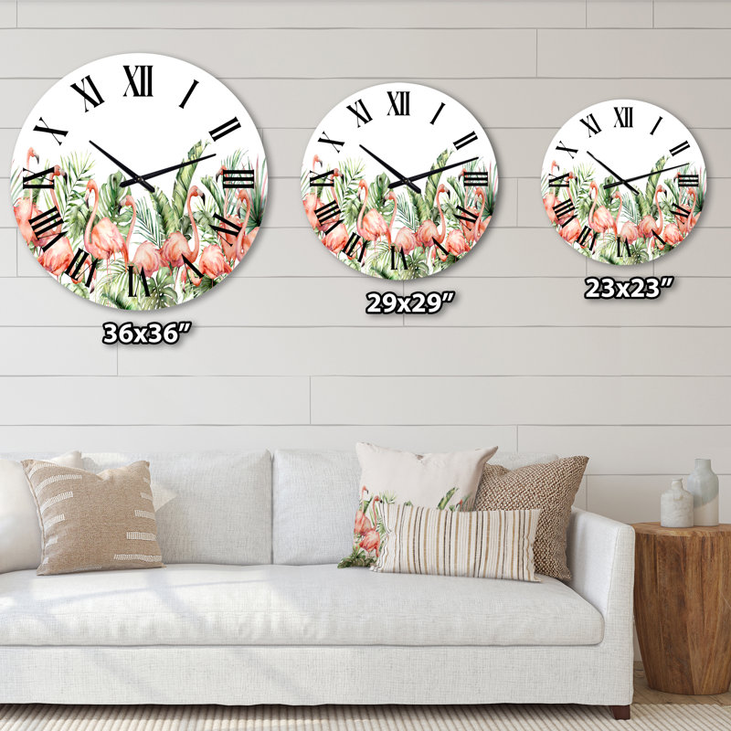 Flamants roses, feuilles de palmier et oiseaux tropicaux - Horloge murale traditionnelle, Surdimensionné