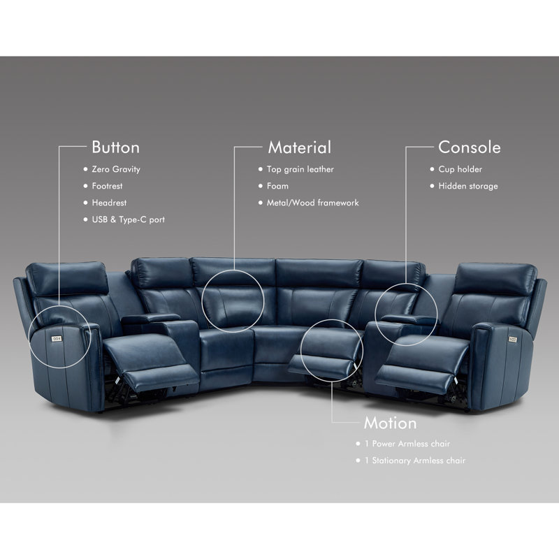Canapé modulaire inclinable en cuir de 116 po, Cuir véritable bleu foncé, 2 Armless Chairs (1 Power + 1 Stationary)