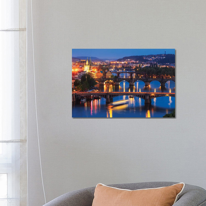 Europe, Czech Republic, Prague. Sunset On City And River Bridges. by Jaynes Gallery - Wrapped Canvas Print