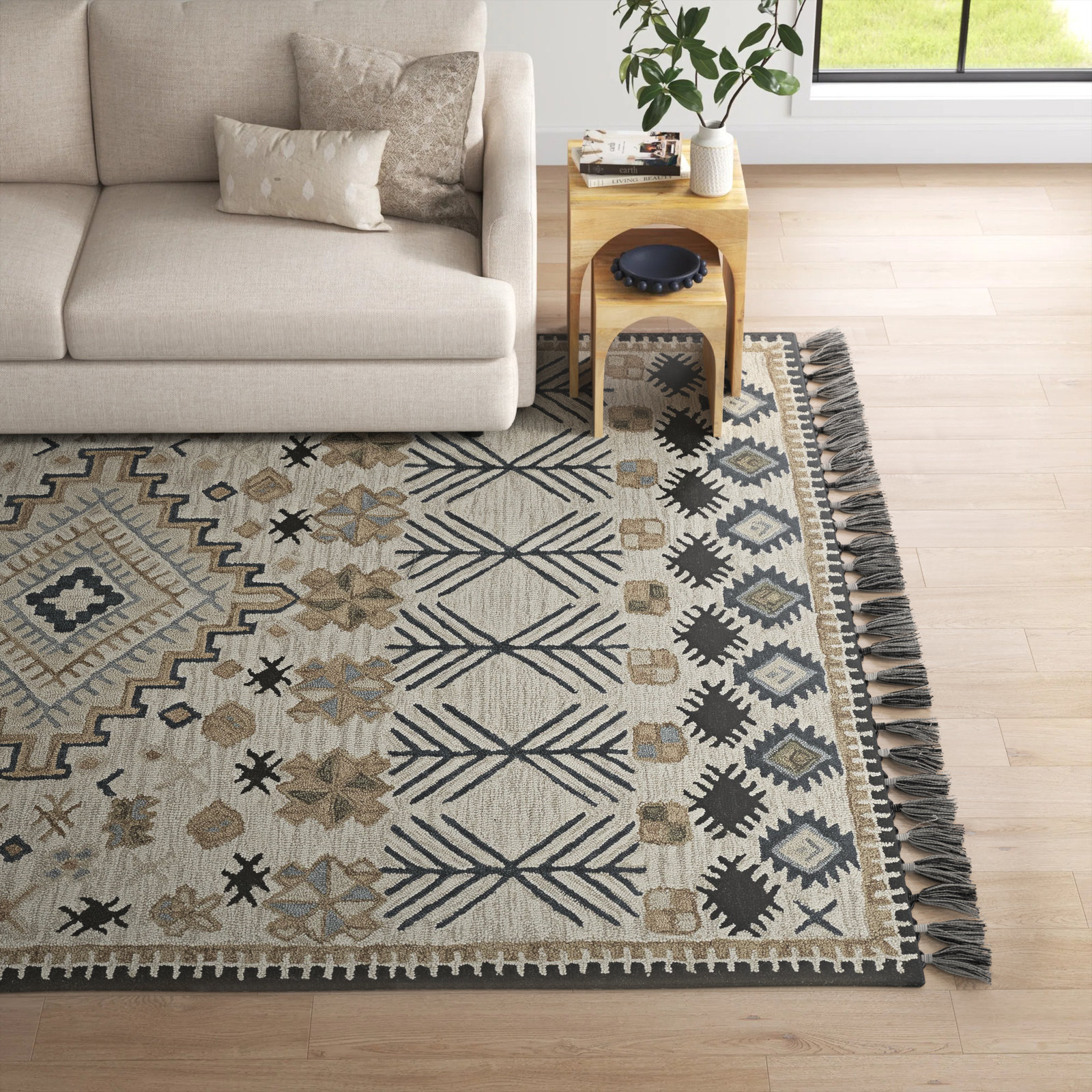 Anine Beige Black Hand-Tufted Wool Rug, Rectangle 9' x 12'