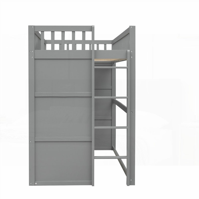 Lit mezzanine simple avec échelle - pin massif, sans sommier, longue durée, gris, Lit simple