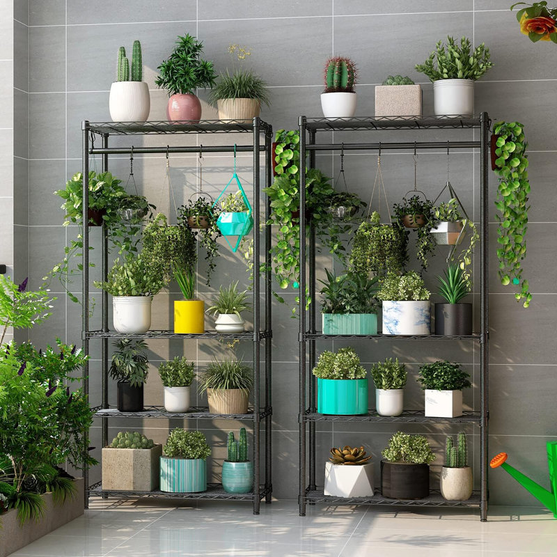 Support pour plante d'intérieur et extérieur à niveaux en métal avec tablettes réglables et tringle, indispensable pour la chambre à coucher, le balcon et le jardin
