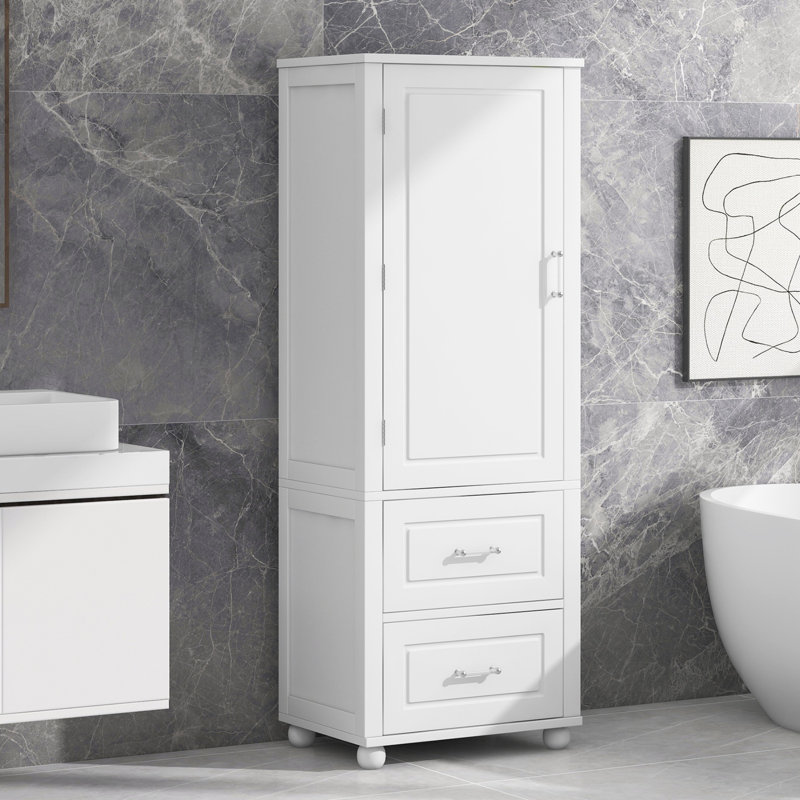 Grande armoire de rangement pour salle de bain, armoire de rangement autoportante avec deux tiroirs et tablette réglable, panneau de fibres à densité moyenne avec finition peinte