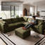 Canapé d'angle moderne en lin vert avec pouf, en forme de V.