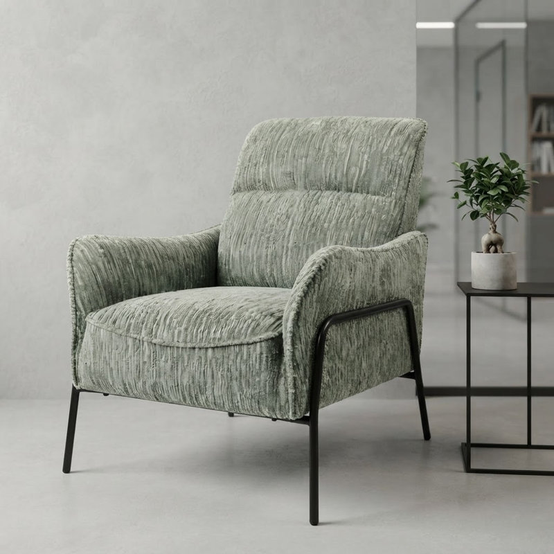 Fauteuil moderne rembourré simple, fauteuil d'appoint en tissu texturé rayé avec structure en métal noir pour le bureau du salon