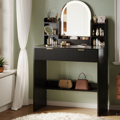 30" Fluted Makeup Vanity Desk With LED-Lit Arched Mirror, 3 Color Lights, Small Dressing Table With Drawers And Open Shelves, Black