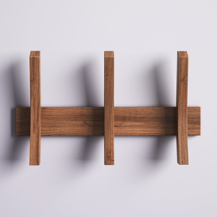Pilaster Design Modern Rectangular Aldis Oak Wood & Brass Wall Mounted  Cloth Rack with 4 Flip Hooks